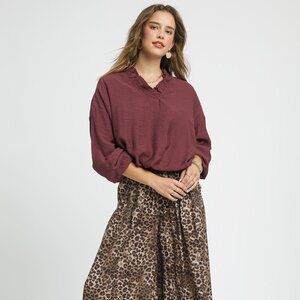 UMGEE BURGUNDY/MAROON BUBBLE HEM LONG SLEEVE TOP